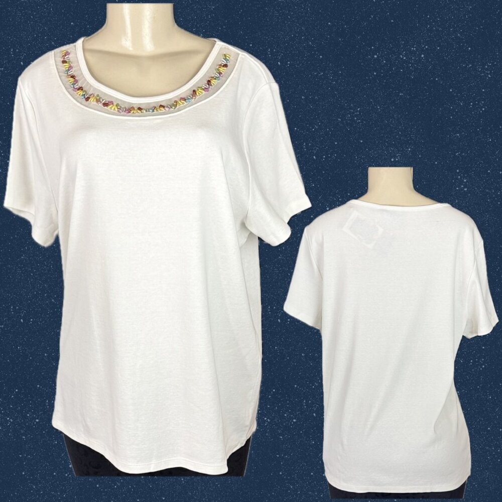 Rafaella +XXL White Crew Neck Mesh Multi-Color Beaded Cotton Short Sleeve Top